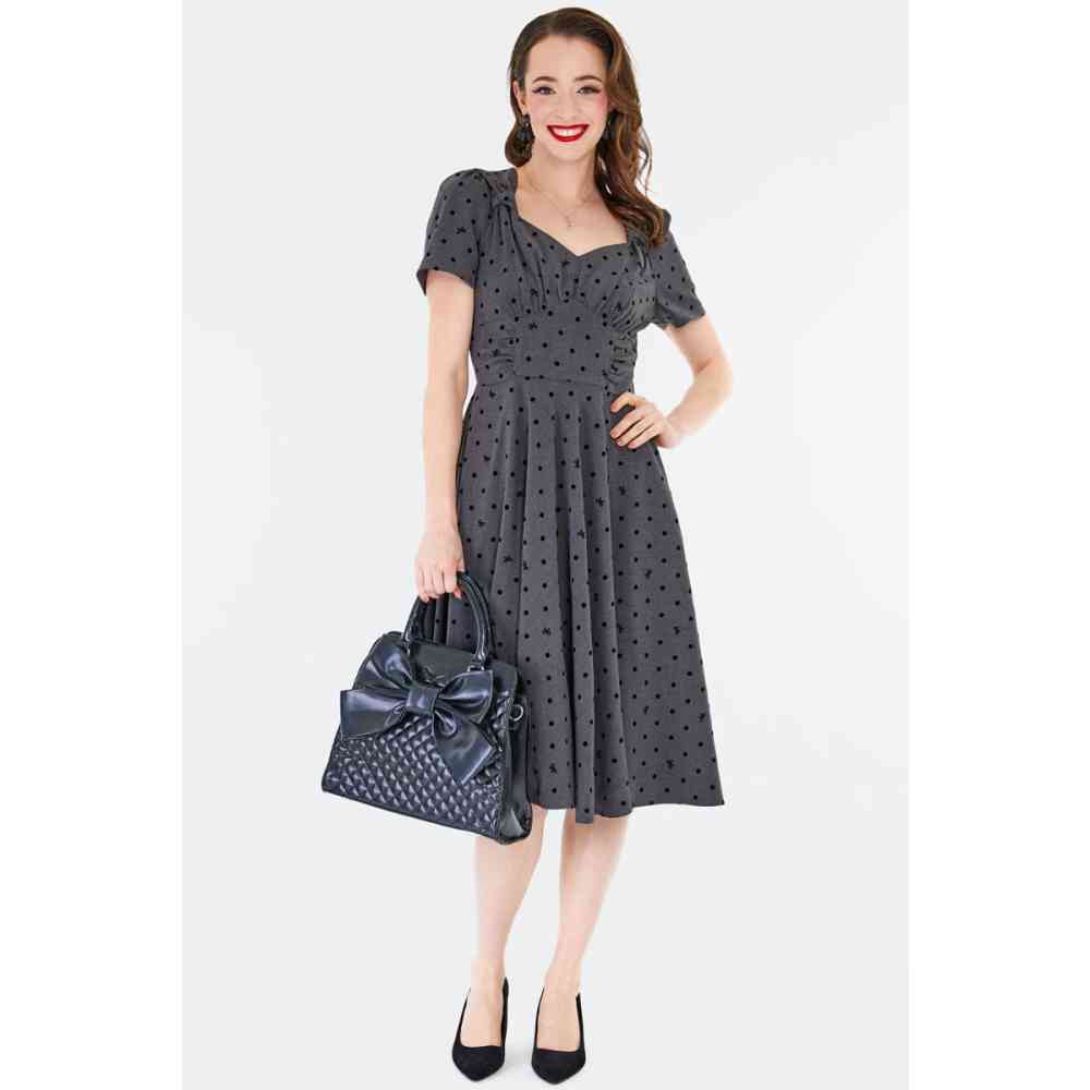 Voodoo Vixen - Polka Dot Bow Detail Flare Robe Ã©vasÃ©e - Gris